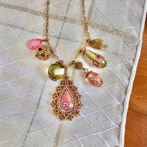 Cookie Lee Victorian Charm Necklace, Vintage Beaded Necklaces, Hand Blown Art - Picture 4 of 10